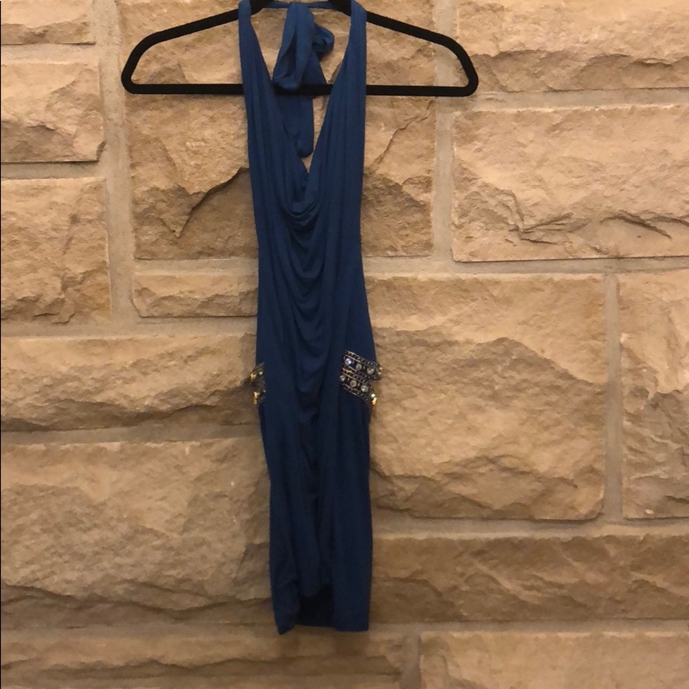 Sky Frami Blue Halter Dress with Rhinestones
